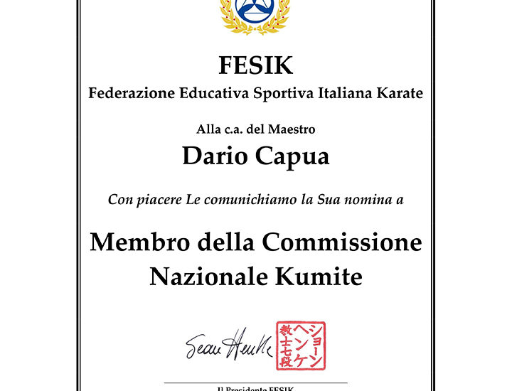 Nomina del Maestro Capua nella Commissione Nazionale di Kumite della Fesik